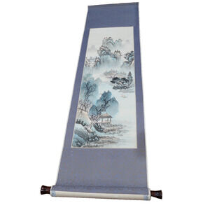 Asian Scroll Painting Watercolor Spring Landscape Large 50 in Vintage